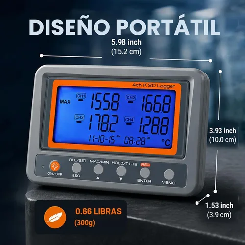 Vista 9 de Registrador de datos de termopar de 4 canales -328 ~ 2498 ° F, registrador de datos de temperatura con tarjeta SD de 8 GB, registro automático