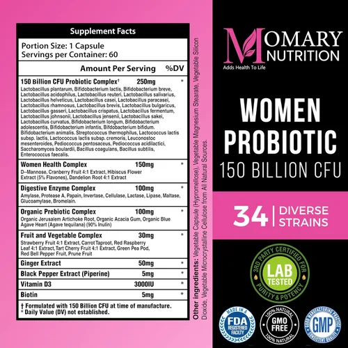 Vista 3 de Complejo biológico 9 en 1 para mujeres – 150 mil millones de probióticos UFC con 34 cepas diversas, prebióticos orgánicos, postbióticos, enzimas