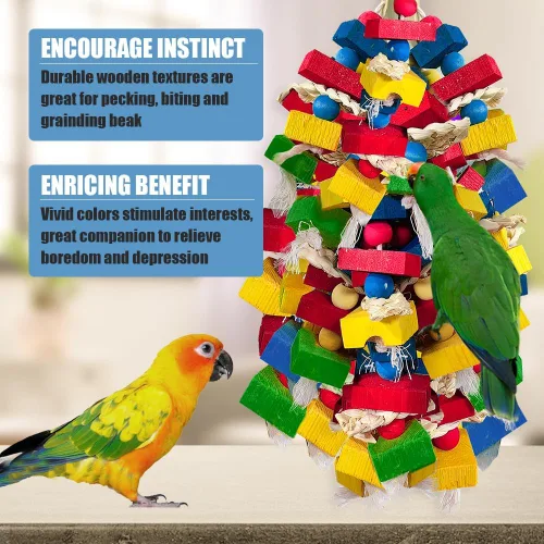 Vista 11 de Juguetes de loros para pájaros grandes, bloques de madera multicolor para masticar, jaula de loro, juguete para mordeduras para guacamayos