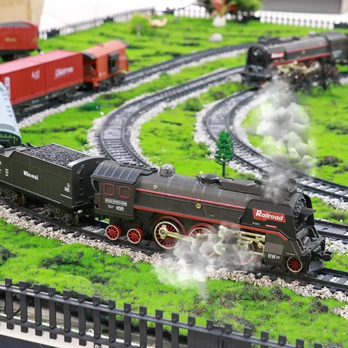 Vista 4 de Juguete de tren eléctrico con humo, luces y sonido, juego de tren para debajo del árbol de Navidad, modelo de tren de locomotora con pista, regalos