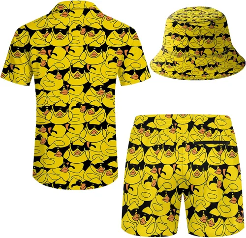 Vista 3 de Wdpsuxin Conjunto de 2 piezas para hombre, camisa hawaiana con botones y pantalones cortos de compresión con sombreros de pescador