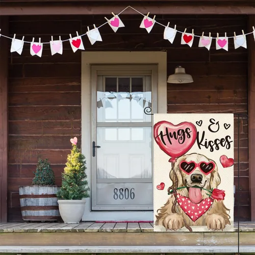 Vista 4 de AVOIN colorlife Bandera de jardín de perro para el día de San Valentín, 12 x 18 pulgadas, Golden Retriever Hugs Kisses de doble cara, aniversario