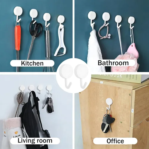 Vista 5 de MOROBOR Ganchos autoadhesivos, 20 ganchos de plástico resistentes para llaves de pared, soportes para calcetines para el hogar, cocina, baño, Blanco