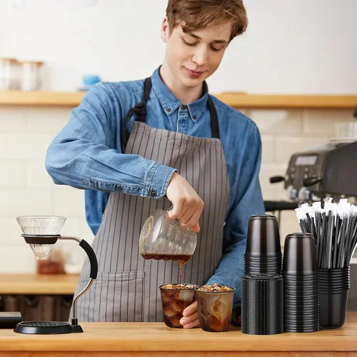 Vista 6 de tchrules Juego de 100 vasos de plástico negro de 12 onzas con tapas y pajitas, taza de café helado desechable con tapa, parte inferior redonda