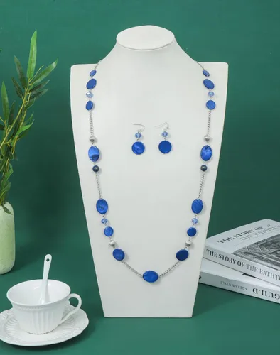 Vista 4 de Collares largos de cuentas para mujer, cadena de eslabones multicolor, juego de aretes, cuentas de piedra de concha, collar de moda, regalo