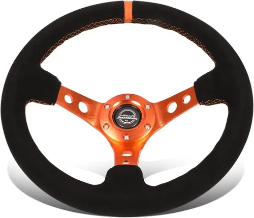 Vista 4 de NRG Innovations NRG-RST-006S-FHA – Volante reforzado deportivo de 350 mm (3 pulgadas de profundidad), volante de ante negro con marca central fucsia