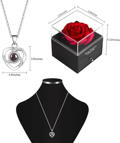 Vista 3 de Forever Rose with I Love You Heart Necklace 100 Languages Projection, Birthday Gifts for Women, Romantic Valentine Gifts for Girlfriend Wife Mom
