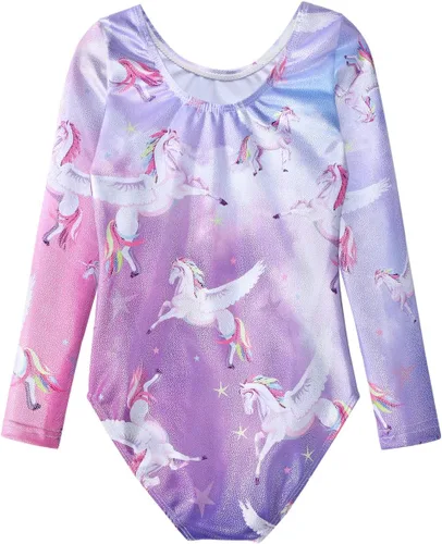 Vista 128 de HOZIY - Leotardos de manga larga para niñas, de gimnasia, para niños pequeños, trajes florales de unicornio, galaxia, arco iris, patrón de rayas