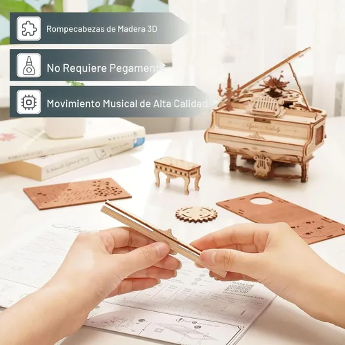 Vista 3 de ROKR Rompecabezas de madera 3D para adultos, 223 piezas, kit de modelo de piano a escala 1:20, rompecabezas de construcción, caja de música