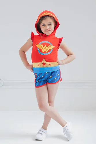 Vista 2 de DC Comics Camiseta sin mangas para niñas de la Liga de la Justicia Wonder Woman y Dolphin Active French Terry Shorts de niño a niño grande
