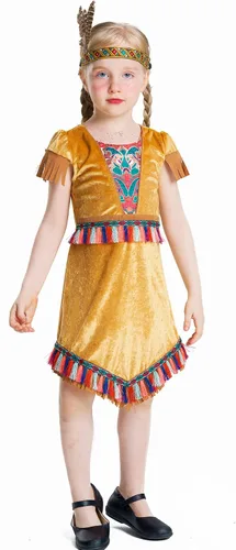 Vista 4 de Disfraz de nativo americano para niñas, disfraz de Halloween para niños, conjunto de juego de rol, color marrón claro con tocado, 3-10 años