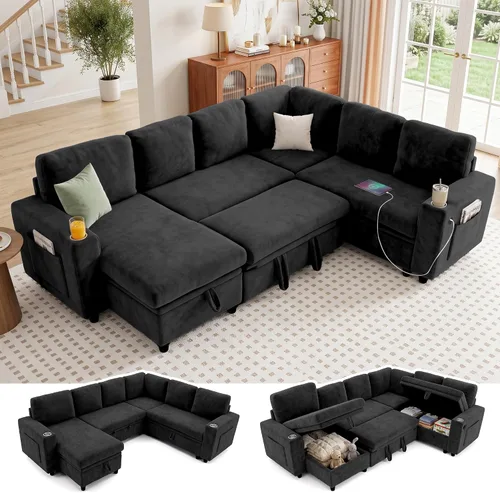 Vista 14 de Sofá cama seccional en forma de L con cama extraíble, 7 asientos Gris
