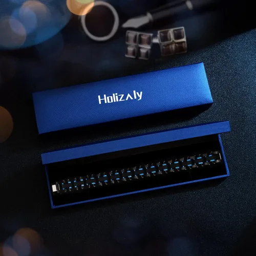 Vista 6 de Holizaly Pulsera curvada para hombre, chapado en iones negro y azul, regalos negros para hombres y mujeres, cumpleaños, día de San Valentín, joyas