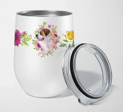 Vista 119 de Caroline's Treasures CK4110TBL12 Afghan Hound Pink Flowers - Vaso de vino aislado de acero inoxidable de 12 onzas con tapa, bonita taza de viaje