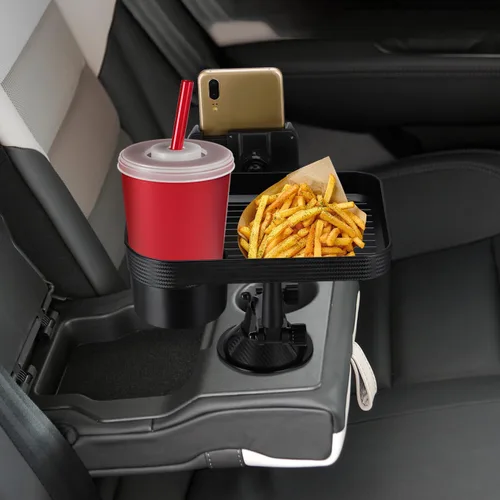 Vista 7 de CALLARON Bandeja portavasos, bandejas para automóvil para comer, bandeja giratoria ajustable 3 en 1 para alimentos, soporte universal para vasos