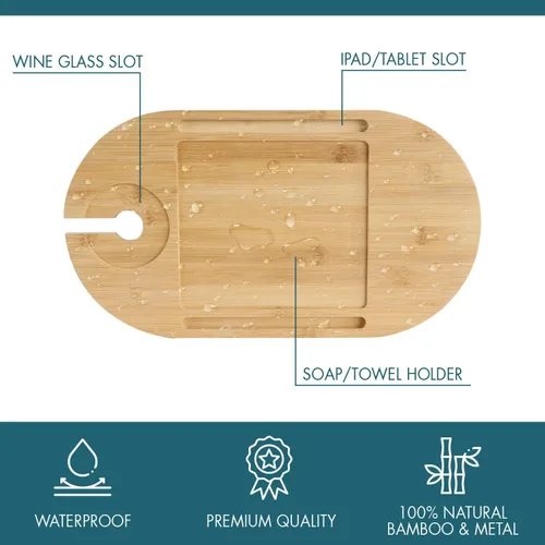 Vista 4 de Mesa de bambú para tina con base resistente y soporte de metal grueso, altura ajustable, accesorios perfectos para bañera de baño, escritorio