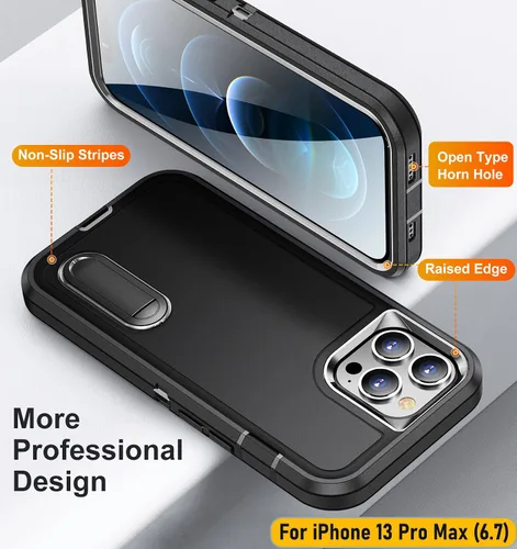 Vista 7 de La funda está especialmente diseñada para iPhone 13 Pro Max de 6.7 pulgadas, protección de cuerpo completo, resistente a los golpes, goma de Negro