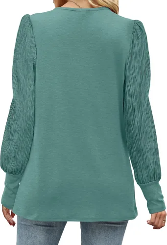 Vista 5 de XIEERDUO Camisas de manga larga plisadas con cuello redondo y manga abombada para mujer