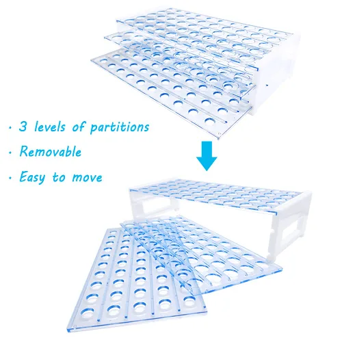 Vista 2 de 50 tubos de ensayo de plástico transparente de 0.3 fl oz con estante, tubo de 0.630 x 3.937 in con tapas y estante de tubos de 50 agujeros, juego