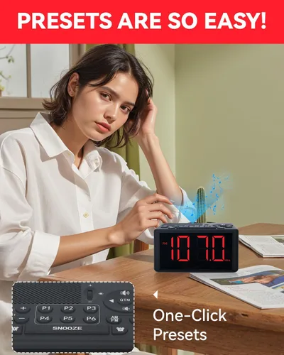 Vista 5 de Reloj de alarma digital con radio AM/FM, preajustes, alarmas duales, alarma de días laborables/fines de semana, función de repetición, temporizador