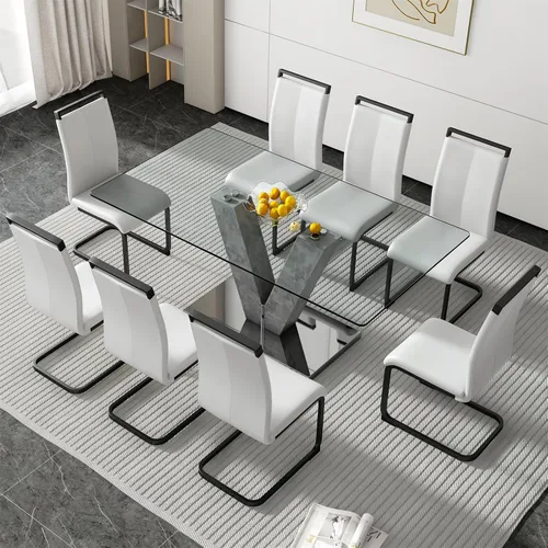 Vista 18 de Juego de mesa de comedor de cristal de 71 pulgadas para 4, juego de mesa de cocina moderno para 4, juego de mesa de comedor para el hogar