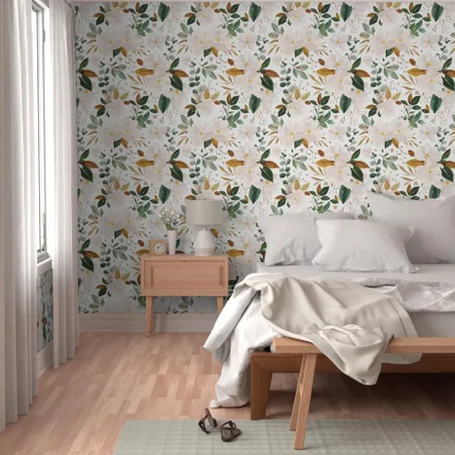 Vista 5 de Spoonflower Papel tapiz para despegar y pegar - Papel pintado extraíble personalizado con flores de magnolias florales doradas