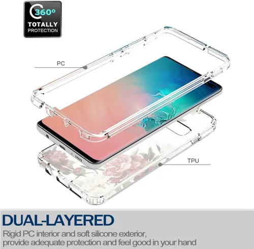 Vista 3 de Funda para Galaxy S10+ Plus, SM-G975U con protector de pantalla de vidrio templado, carcasa rígida de protección de diseño floral de cuerpo completo