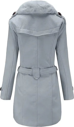 Vista 4 de Gabardina larga clásica con cinturón para mujer, con cuello de piel y cuello de piel