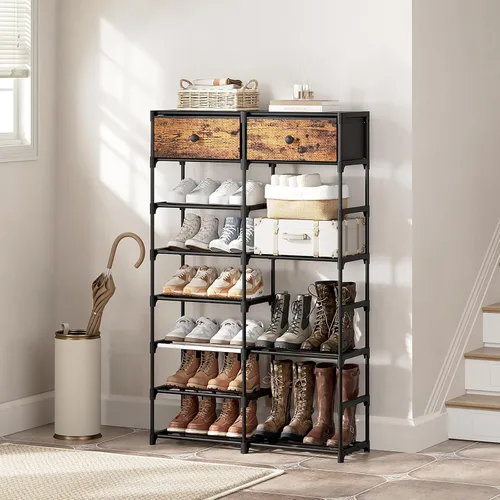 Vista 4 de Zapatero alto, organizador de zapatos de 8 niveles con 2 cajones grandes, almacenamiento de zapatos para 28-32 pares, estante de zapatos de metal