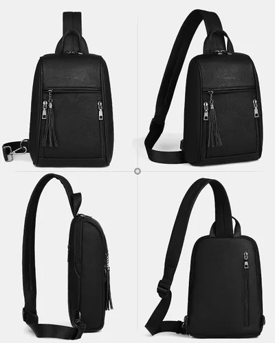 Vista 7 de FADEON Bolso bandolera grande para mujer, mochila cruzada de piel sintética, bolso de viaje a la moda para el pecho, bolso negro, Bolso bandolera