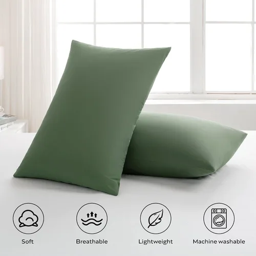 Vista 2 de JELLYMONI Juego de 2 fundas de almohada de algodón tamaño King, color verde, de 20 x 36 pulgadas, 100% algodón lavado, suave y transpirable