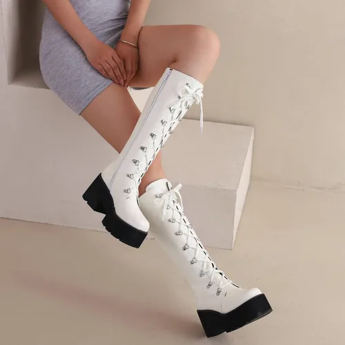 Vista 21 de Parisuit Botas góticas altas hasta la rodilla con hebilla de plataforma para mujer, tacón alto grueso, con cordones, botas de combate punk, con Negro