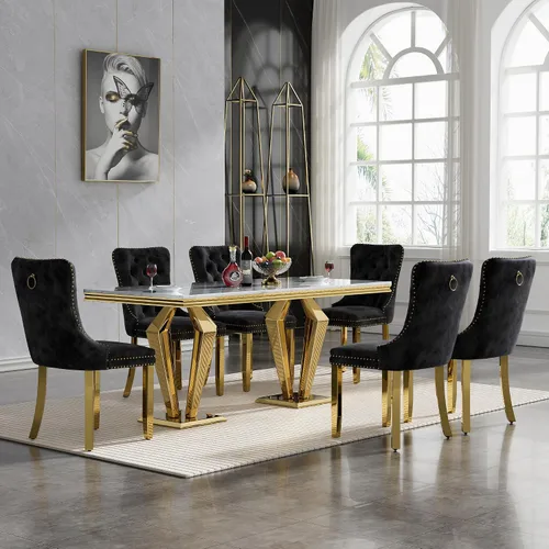Vista 17 de HomVent - Juego de mesa de comedor de mármol sintético de 68 pulgadas con 4 sillas de terciopelo para cocina Modern Rectangular Faux Marble