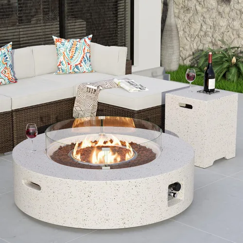 Vista 16 de COSIEST mesa de fogata a propano para exteriores de 35 pulgadas cuadrada de arenisca con protector contra el viento y mesa lateral, certificada