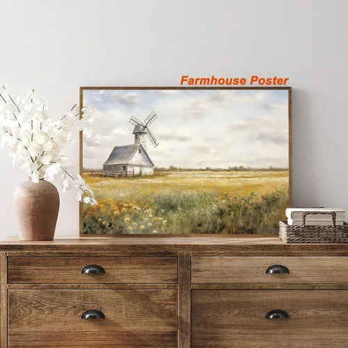 Vista 2 de BACKYMRJCART Arte de pared vintage de paisaje de campo de flores silvestres, paisaje, paisaje rústico, arte de pared, naturaleza, prado, pintura