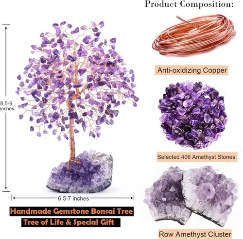 Vista 3 de Piedra preciosa natural (406 piedras), árbol de la vida de cristal de amatista, equilibrio de chakras, energía positiva Fengshui, decoración bonsái