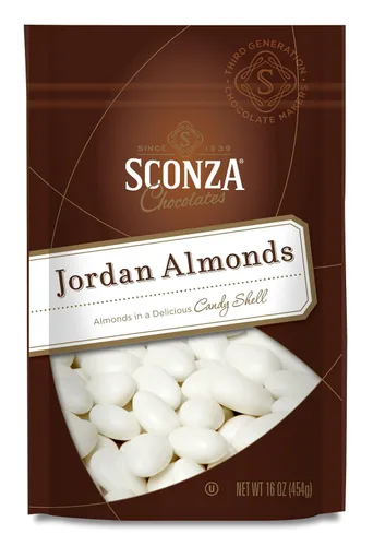 Vista 7 de Sconza Almendras Jordan Almendras de California con revestimiento de caramelo blanco Dulces de boda, bebé, despedida de soltera Fabricado