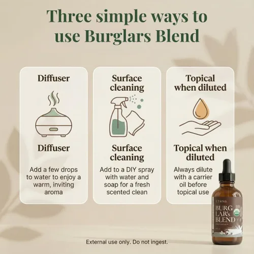 Vista 6 de THIEVA Burglar's Blend - Aceite esencial de 4 onzas – Mezcla de aceite puro orgánico USDA para limpieza doméstica de temporada, bienestar y difusor