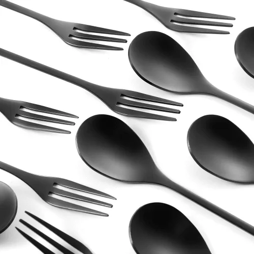Vista 9 de AnSaw Juego de 10 mini cucharas y tenedores negros de 4.7 pulgadas, acero inoxidable, mango de hoja, ideal para café, té, aperitivos, degustaciones