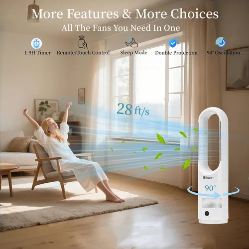 Vista 7 de Hiluce Ventilador sin aspas para todas las estaciones, combo de calentador de espacio de 1400W y ventilador de torre de 40W con control remoto