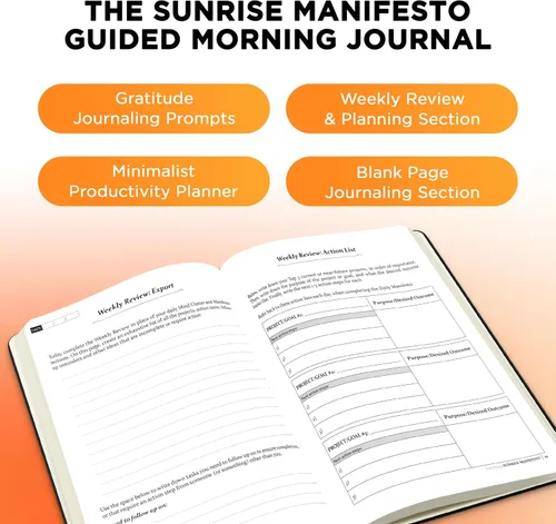 Vista 3 de The Sunrise Manifesto Diario personal guiado - Diario de gratitud de 16 semanas y planificador de productividad minimalista: El ÚNICO diario guiado