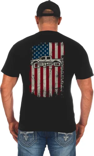 Vista 3 de JH DESIGN GROUP Camiseta Ford F150 Truck para hombre con bandera americana, color negro