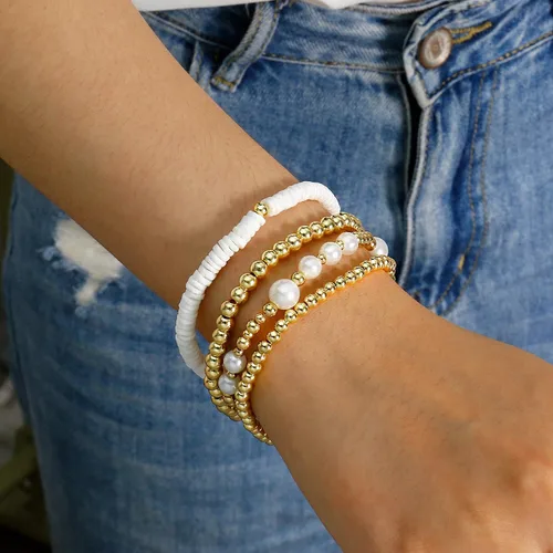Vista 3 de Pulsera de cuentas de oro para mujer, apilable, chapada en perlas, juego de pulseras elásticas para mujer, a la moda