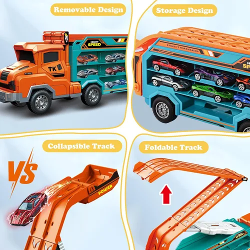 Vista 3 de Juguetes de camión para niños pequeños, camión transportador de automóvil de juguete para niños de 3 a 5 4 a 8 años, juegos de pista de autos Naranja