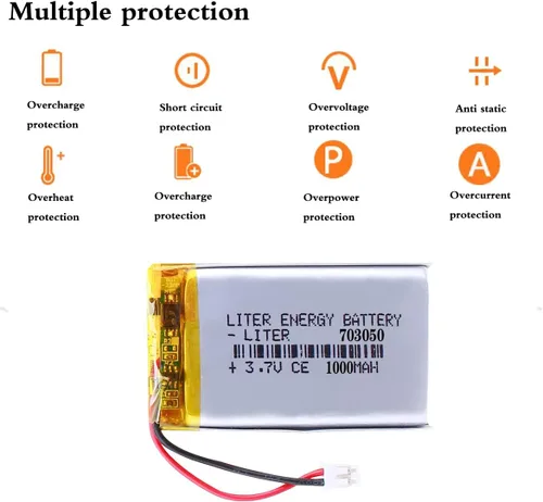 Vista 2 de 3.7V 703050 1000mAh batería de iones de polímero de litio recargable batería de polímero con conector JST 0.079 in