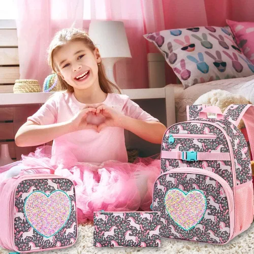 Vista 9 de TXHVO Mochila de 3 piezas para niños y niñas, 16 pulgadas para jardín de infantes con lonchera, lindas mochilas elementales para niños y niñas