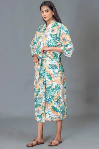 Vista 4 de FRUAMANIA - Bata acolchada a mano Kantha con estampado, para mujer, para baño, playa, talla única