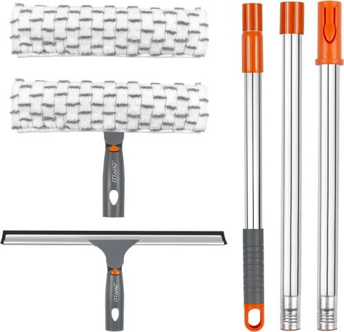 Vista 7 de Kit de limpieza de ventanas con poste extensible, escobilla de 10 pulgadas y combo de limpiador de microfibra de 11 pulgadas con poste de acero
