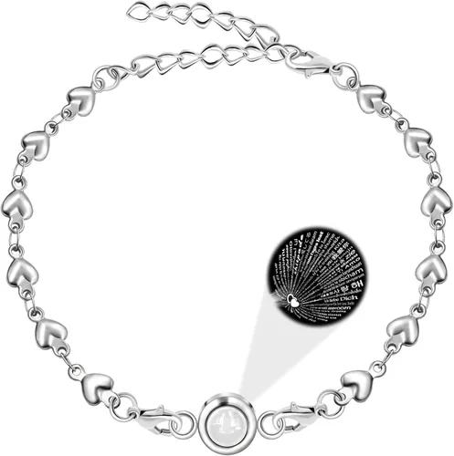 Vista 5 de Romántica pulsera de proyección de 100 idiomas con texto en inglés "I Love You" para mujer, pulsera ajustable de acero inoxidable con dije
