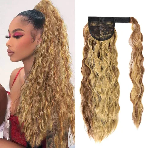 Vista 13 de Extensión de cola de caballo con clip de onda de maíz, 22 pulgadas de largo, ondulado, rizado, envolvente, resistente al calor, sintético, postizo